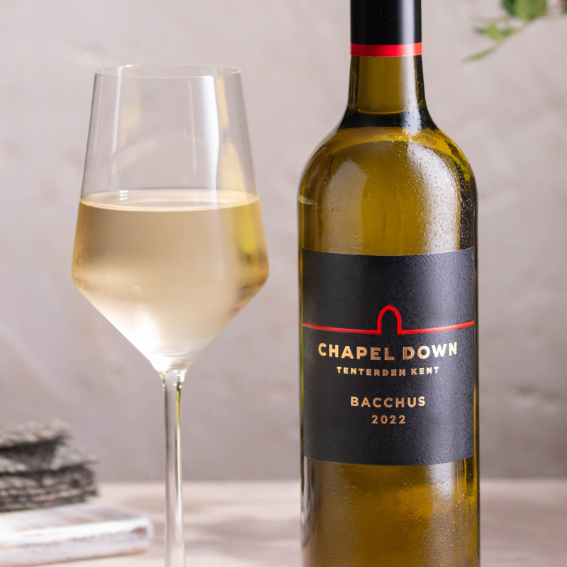 Chapel Down Bacchus 2022 Still White label bottle with wine glass